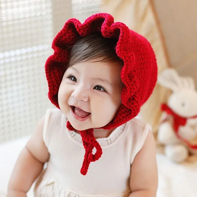 Baby Girl Hats Fashion Ruffled Windproof Baby Girl Caps Red Knitted