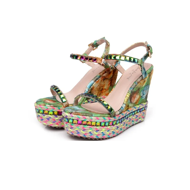 27_2016 Summer New Fashion Rhinestone High Heel Open Toe Sandals Casual Bohemian Wedge Elegant Shoes For Ladies High Quality