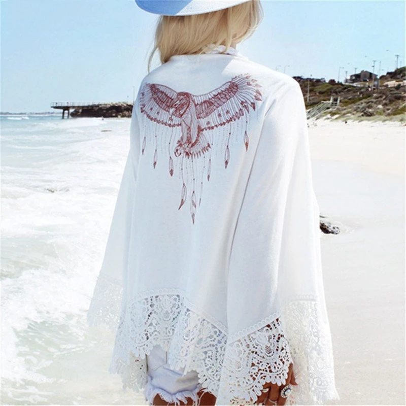 

2019 New Arrivals Beach Cover up Print Lace Swimwear Ladies White Sarong Beach Cape Pareos for Women Robe de Plage Beachwear