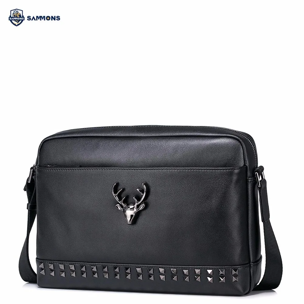 

SAMMONS Brand Design Fashion Rivets Deer Hardware Casual Genuine Cow Leather Men Shoulder Bag Crossbody Messenger Bags