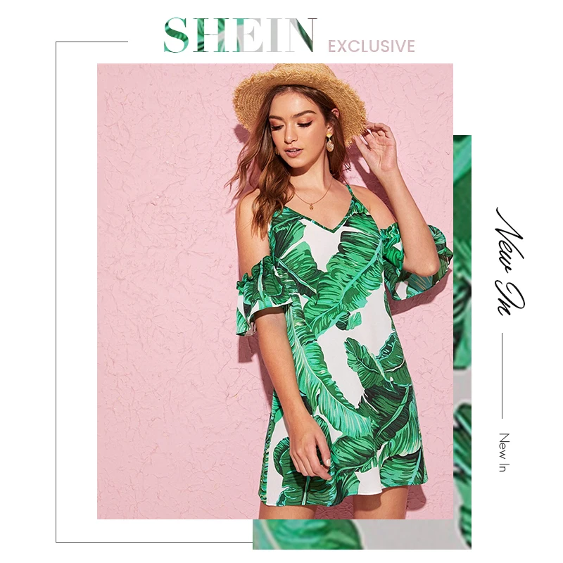 SHEIN платье с тропическим принтом, с открытыми плечами, бохо, зеленое, с оборками, с открытыми плечами, летнее, короткое, с воланом, с рукавом, с v-образным вырезом, расклешенное платье