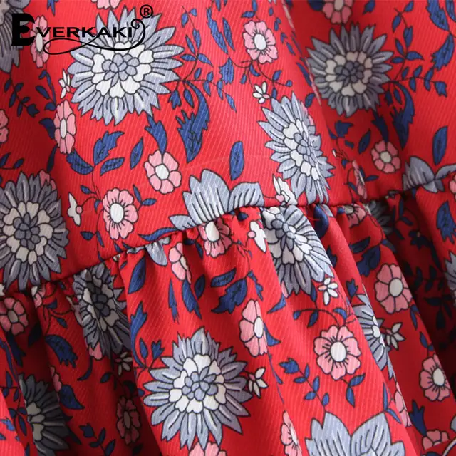 Everkaki Red Long Skirts For Women Gypsy Bohemian Floral Pattern