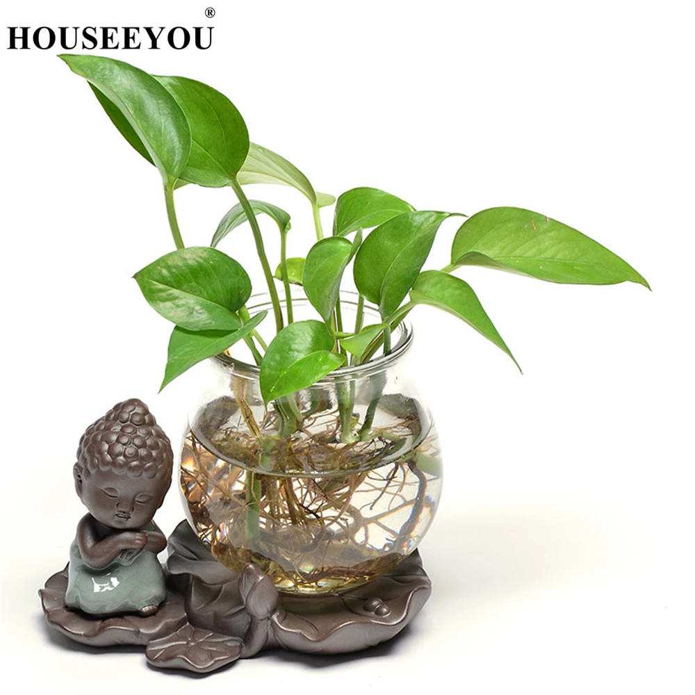 Цветочный горшок Zen Buddha Monk Style с прозрачной стеклянной вазой для гидропонных