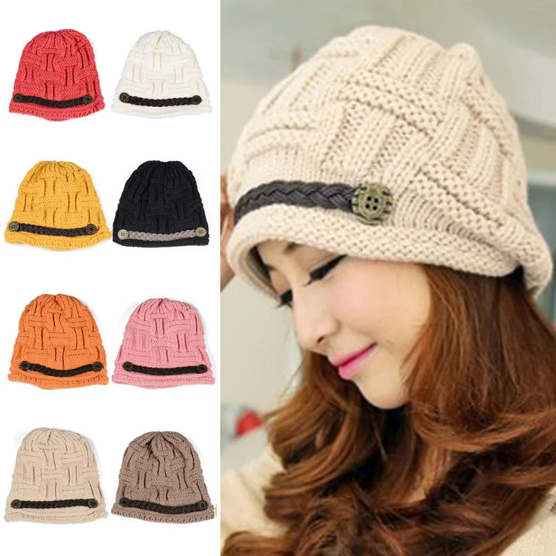 Women Faux Leather Band Knitted Beanie Hat Winter Warm Ski Crochet Slouch Cap HATBD0011