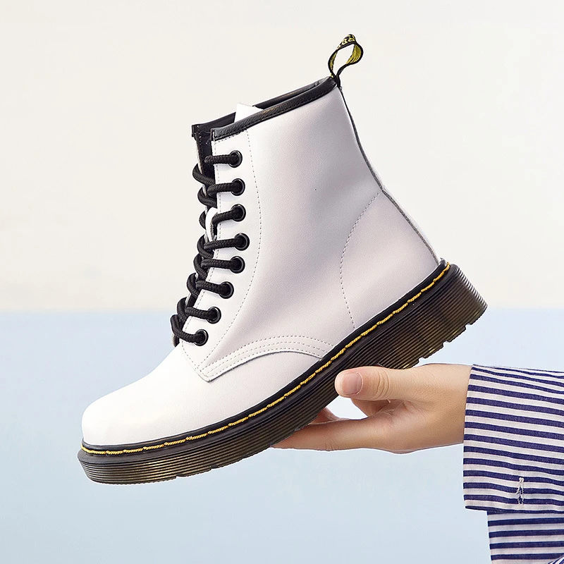 Ceny Buty damskie klasyczne oryginalne skórzane buty damskie jesienne buty zimowe skórzane Punk kostki Botas Mujer futro zimowe Chaussures Femme