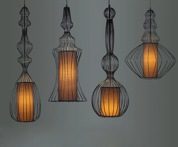 Contemporary Wrought Iron Bibet Pendant Light Black Iron Cage Hanging Fabric Shade Pendant Lamp Indoor Lighting Fixture Restaurant Dining Room (23)