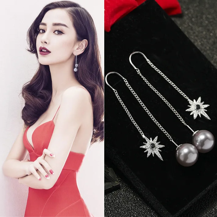 pearl star long ear line 925 silver pin Hypoallergenic fadeless fashion jewelry dangle earrings for women girl gift