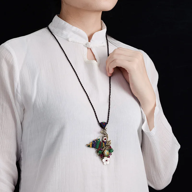 

Colorful Precious Stone Inlaid Antique Bronze Phoenix Pendant Handmade Braided Rope Necklace China Ethic Women Jewelry 2018 New