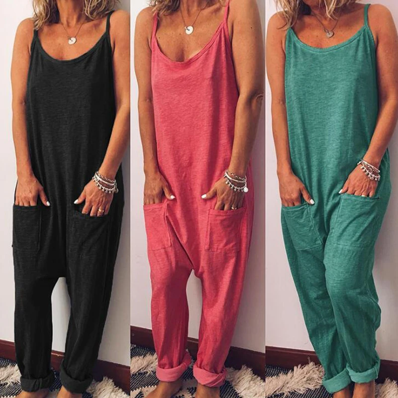 

Casual New Jumpsuits Women Summer Loose Jumpsuit Pockets Harem Rompers Strap Plus Size Beach Holiday Full Length Jumpsuits