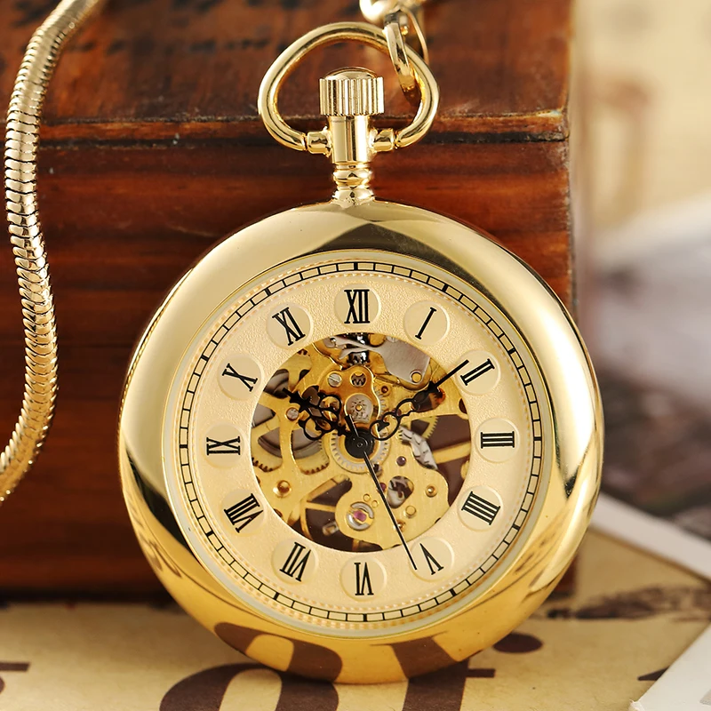 

Retro Luxury Gold Smooth Mechanical Pocket Watch fob Chain Roman Dial Hand Wind Steampunk Hand Wind Pocket Watch Male Clock Gift