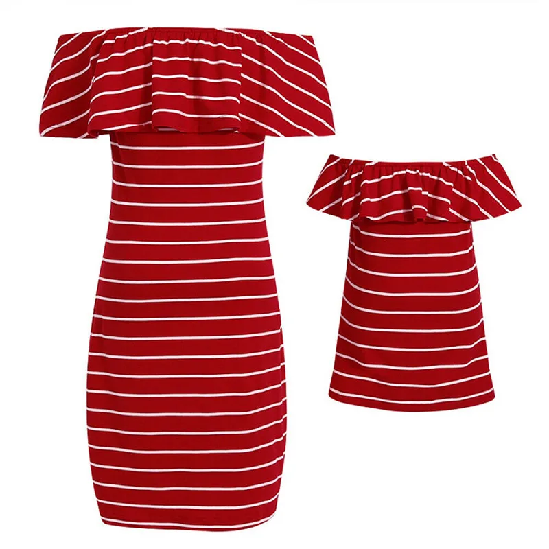 ZOGAA Mother & Daughter Dresses Family look matching clothes Parent-child Off Shoulder Striped Dress Elegant Summer Cute Outfits