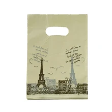 50 шт./партия, 25x35 см, Желтая пластиковая сумка с принтом башни, подарок из бутика, упаковка ювелирных изделий, милые пластиковые подарочные пакеты с ручками