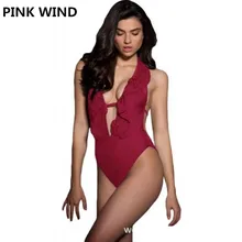 Розовый Ветер ретро сексуальный глубокий V гофрированный открытая спина Цельный купальник винно-красный черный купальник-трикини Монокини купальник для женщин