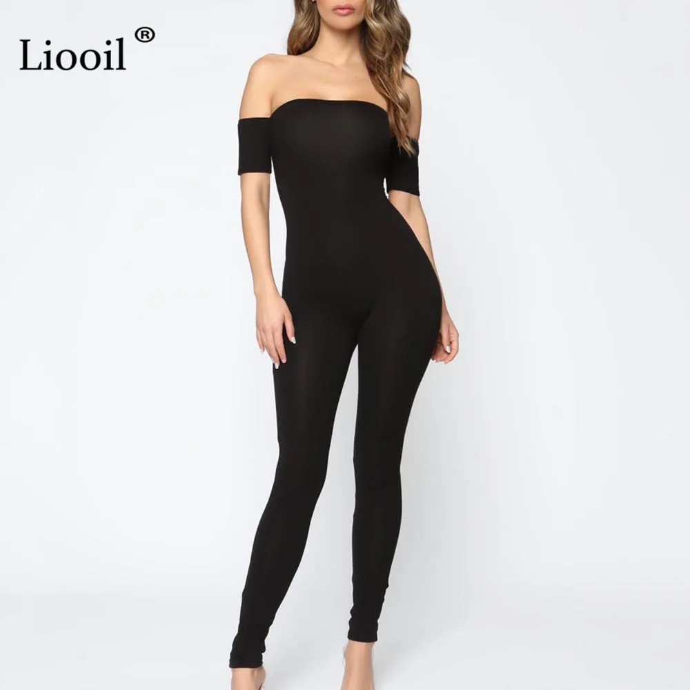 

Liooil Off Shoulder Sexy Bodycon Jumpsuits For Women 2019 Fashion Strapless Black White Party Rompers Womens Jumpsuit Overalls