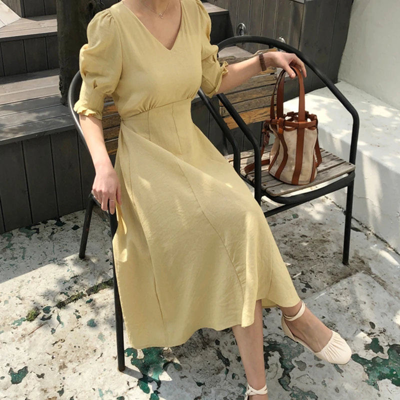 Флектит 80s платье для женщин персиковый светильник желтый микро плед с пышными рукавами высокой талией длинное платье с поясом в винтажном стиле