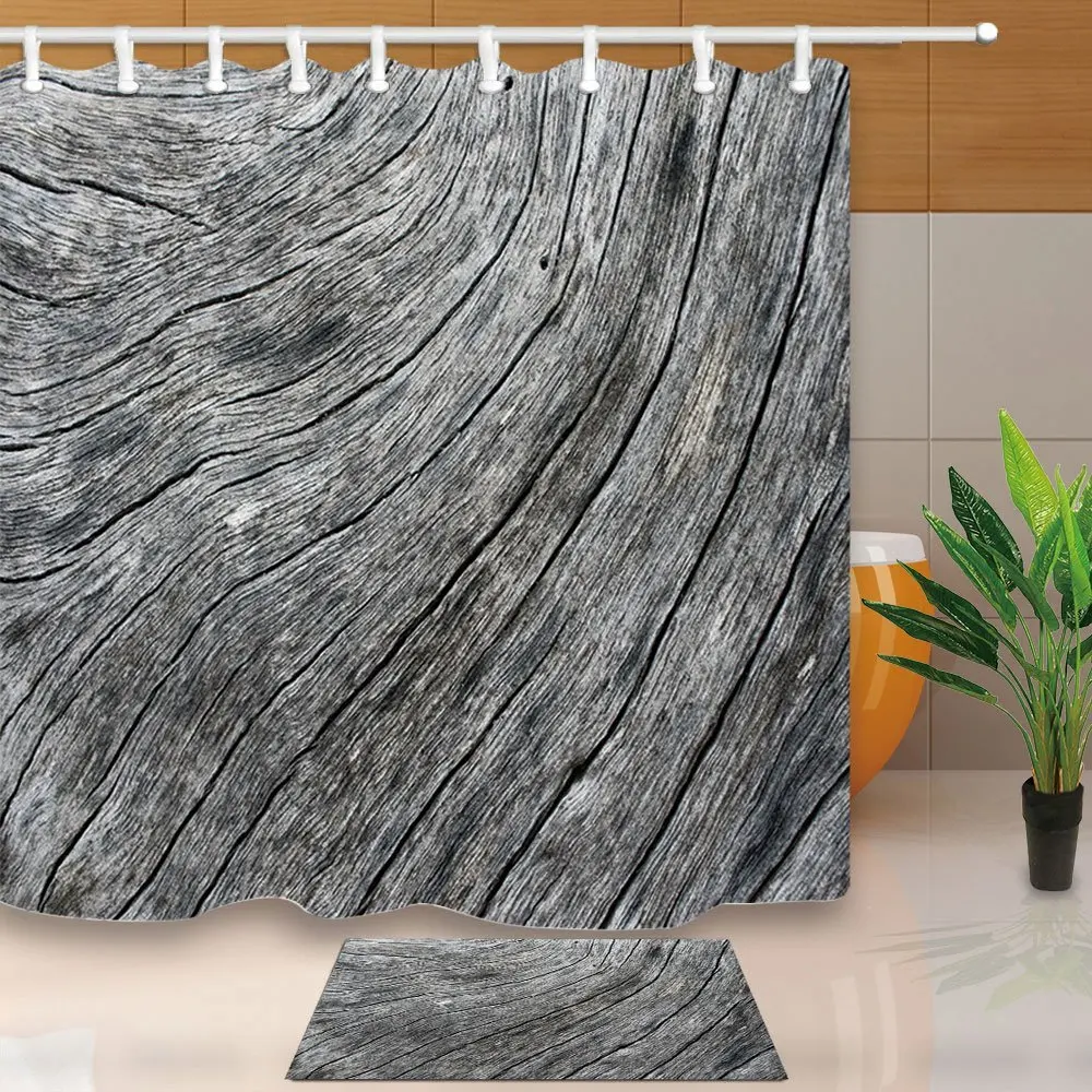Natural Rustic Timber Decor, Weathered Wood Texture Closeup Photo Print
Mildew Resistant Shower Curtain Set Floor Doormat