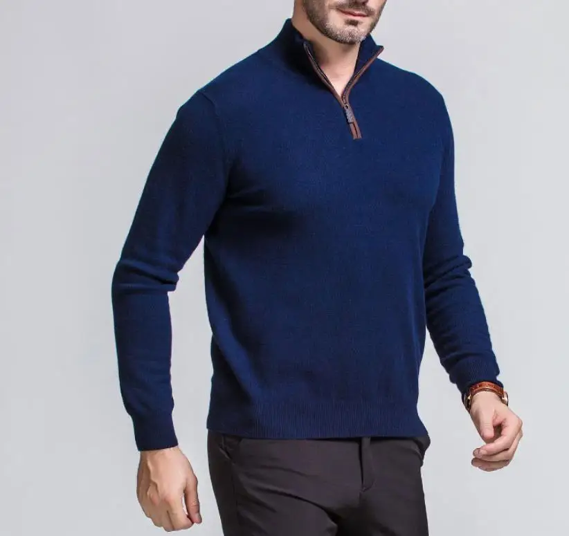  100% goat cashmere knit men smart casual pullover sweater patchwork color zipper collar M/105-3XL/1