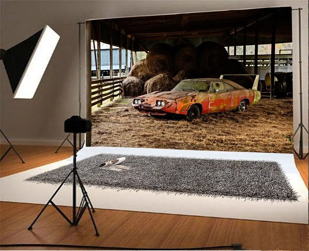 

Photography Backdrop Barn Vintage Car Straw Hay Bale Nature Autumn Photo Background Party