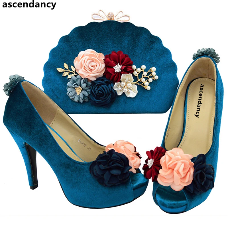 

New Arrival Teal Color Italian Shoes with Matching Bags High Quality Shoe and Bag Set African Set 2018 Matching Shoe and Bag Set