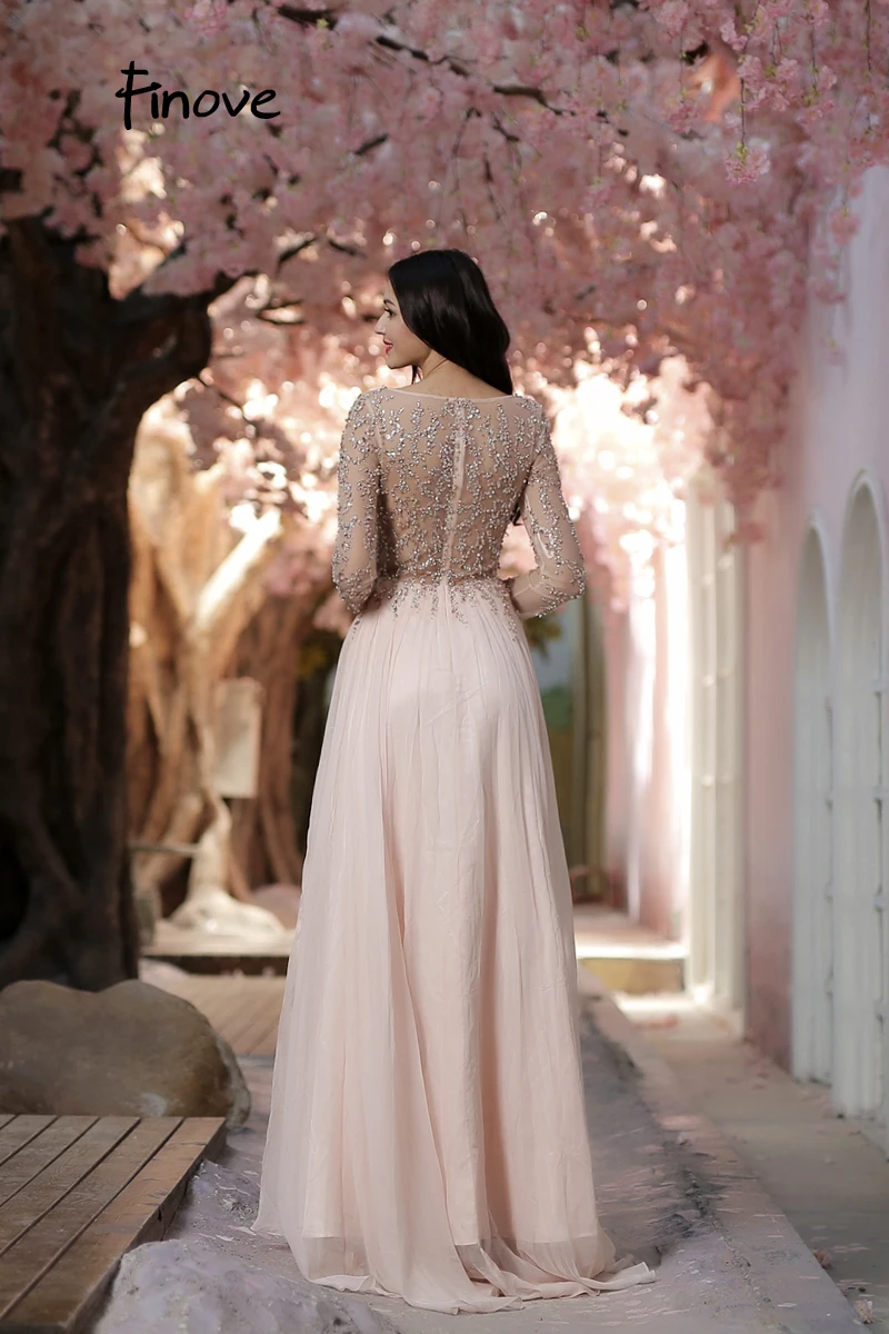 Finove Prom Dresses Long 2020 Long Sleeve Crystals Beading By Hand Sexy See-through A-Line Bridesmaid Dresses Robe de Soiree