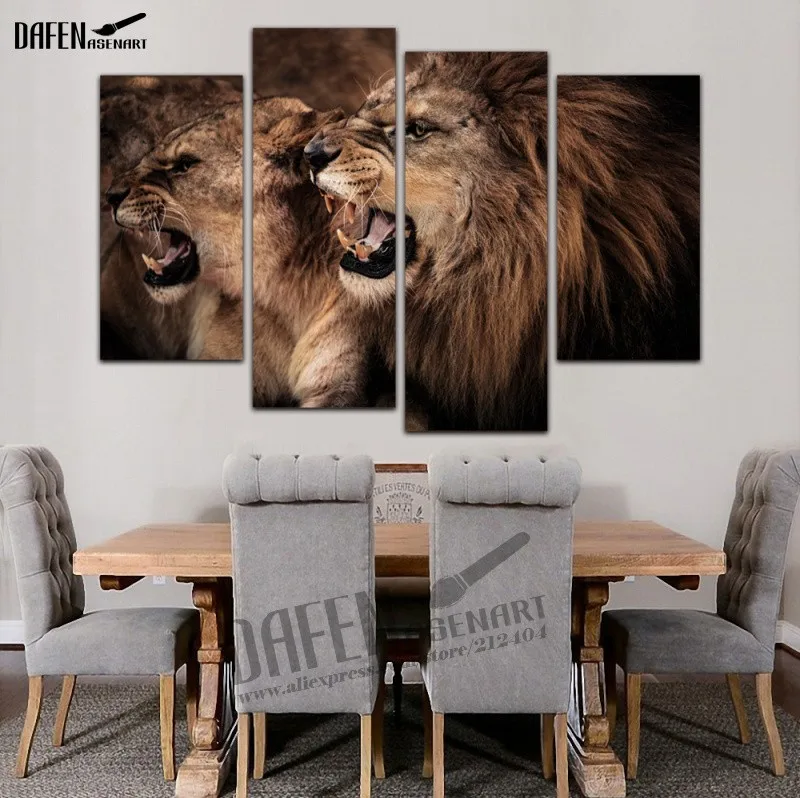 4 Panel Wall Art Lion and Lioness Couple Pictures Print On Canvas for