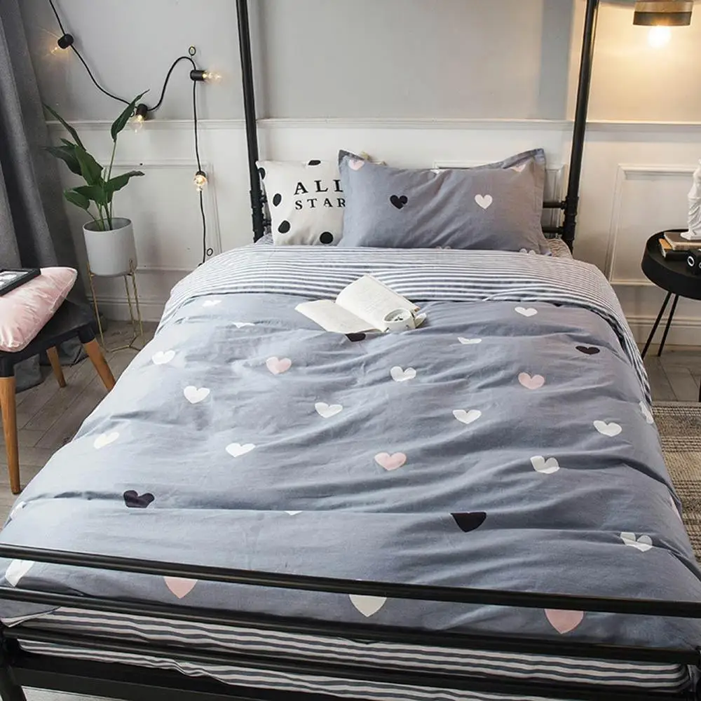 

2019 Simple Hearts Grey INS Dormitory 3pcs Bedding Set Twin Hypoallergenic Cotton Bedlinens Duvet Cover Set Single Bed