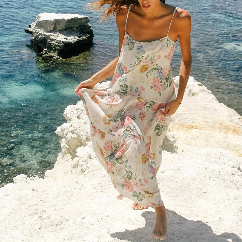 

Vintage Floral Print Maxi Dress Rayon Summer Loose Spaghetti Strap Backless Sexy Hippie Chic Boho Vocation Women Beach Dresses