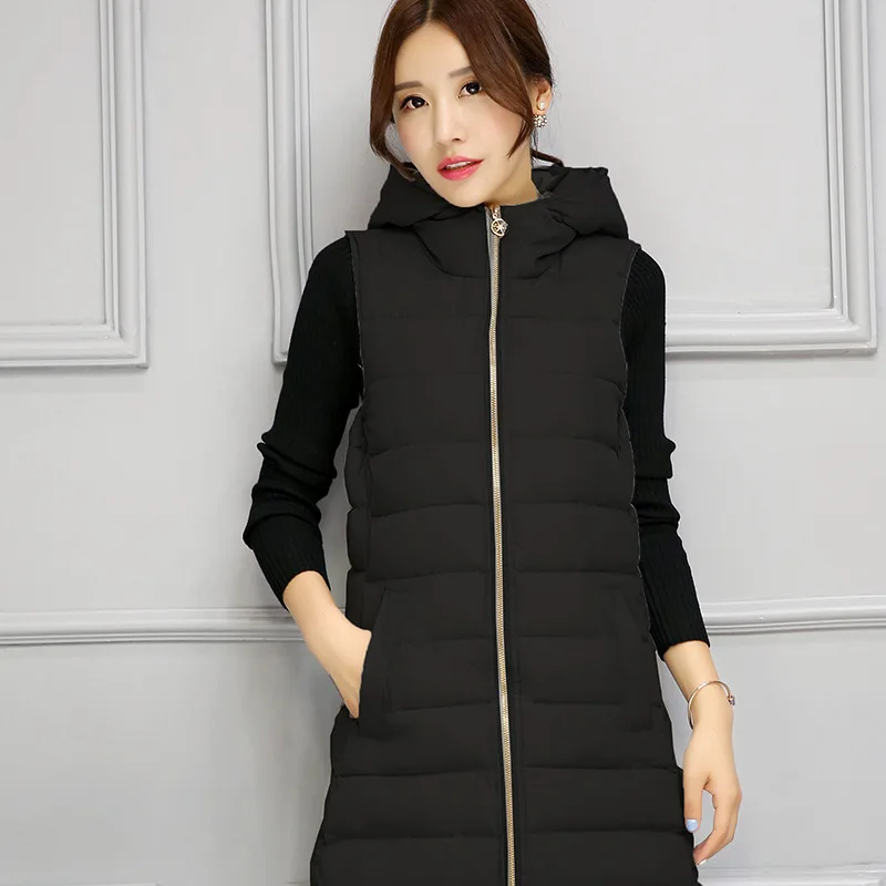Зимний самосовершенствование Длинный Сплошной цвет большой размер без рукавов хлопковый жилет с капюшоном куртка женское теплое макси пальто Mujer MZ1684 - Цвет: Черный