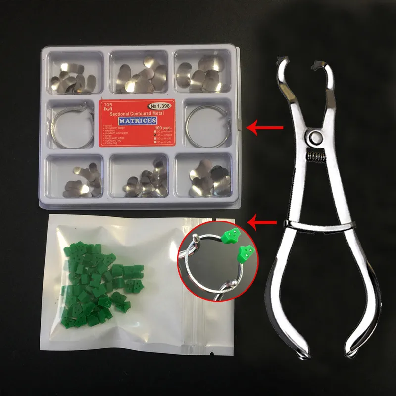 

100pcs Dental Matrix kit Sectional Contoured Metal Matrices Plier Matrix Band Forming Clip Silicone add-on Wedges Rubber Dentist