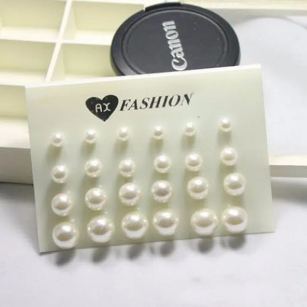 

New Fashion 12 pairs/set Size Pearls Sitting In Rows Simulated Pearl Stud Earrings Round Shape For Women Jewelry Accesstories