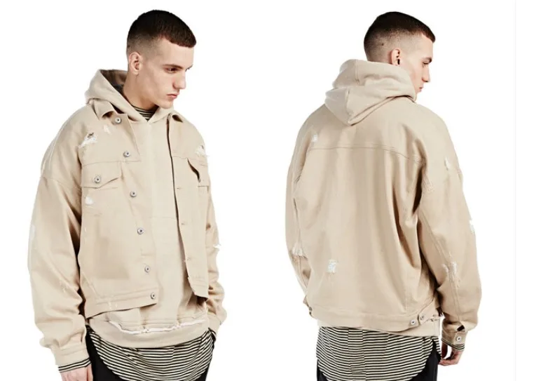 2016 Hot KANYE WEST old Beige loose denim jacket Fashion Casual MEN