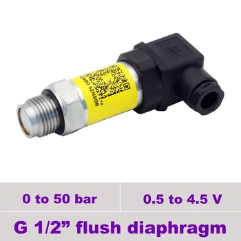 

flushed membrane pressure sensor, 3 wire 0.5 4.5 volt signal, 0 to 50 bar, 5 Mpa range, thread G1 2 inch, 316L flush diaphragm