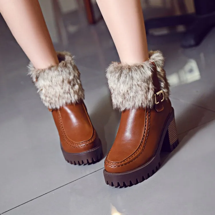 

Big Size 11 12 13 Artificial short plush boots with round head, thick heel, square heel and side zipper of waterproof platform