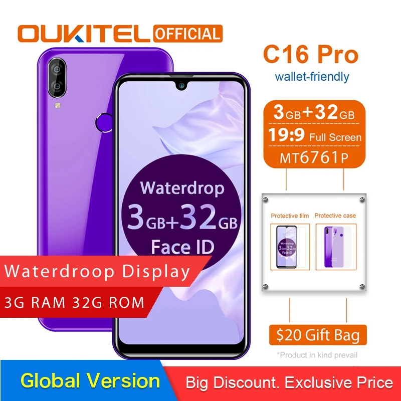 

OUKITEL C16 Pro Smartphone 3GB 32GB MTK6761P Quad Core 5.71" Waterdrop Screen 19:9 Fingerprint LTE 2600mAh Face ID Mobile Phone