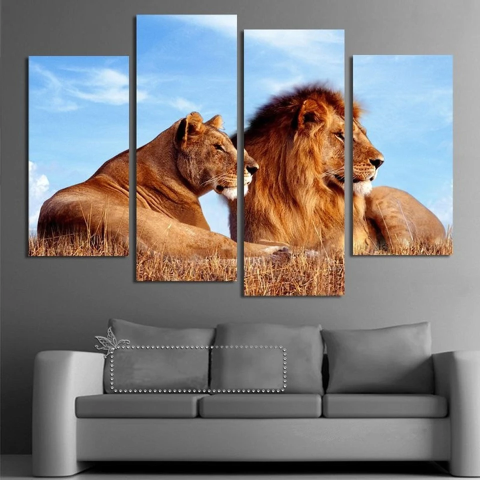 

Canvas Home Decor Prints Poster Living Room Framework 4 Pieces Lion Couple Under The Blue Sky Paintings Wall Art Animal Pictures
