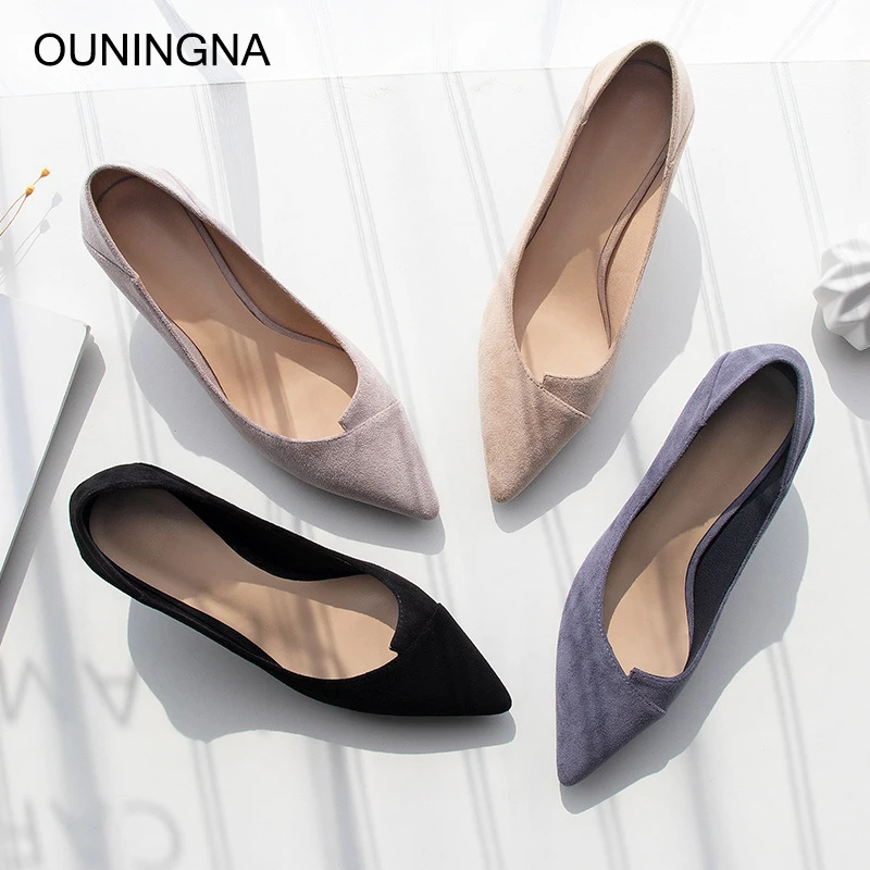 

OUNINGNA Women's Shoes 2019 Summer Autumn New Fashion Pointed Toe Shallow Flock High Heels Office Lady Career Pumps Dress Shoes