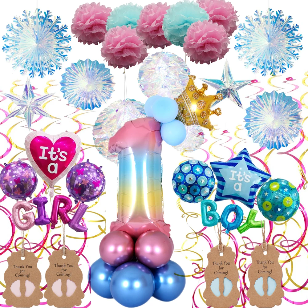 

Happy 1st Birthday party Number Balloon Cute blue pink Ballon Shiny Rainbow Film Honeycomb Paper flower Baby boy/girl DIY Decor