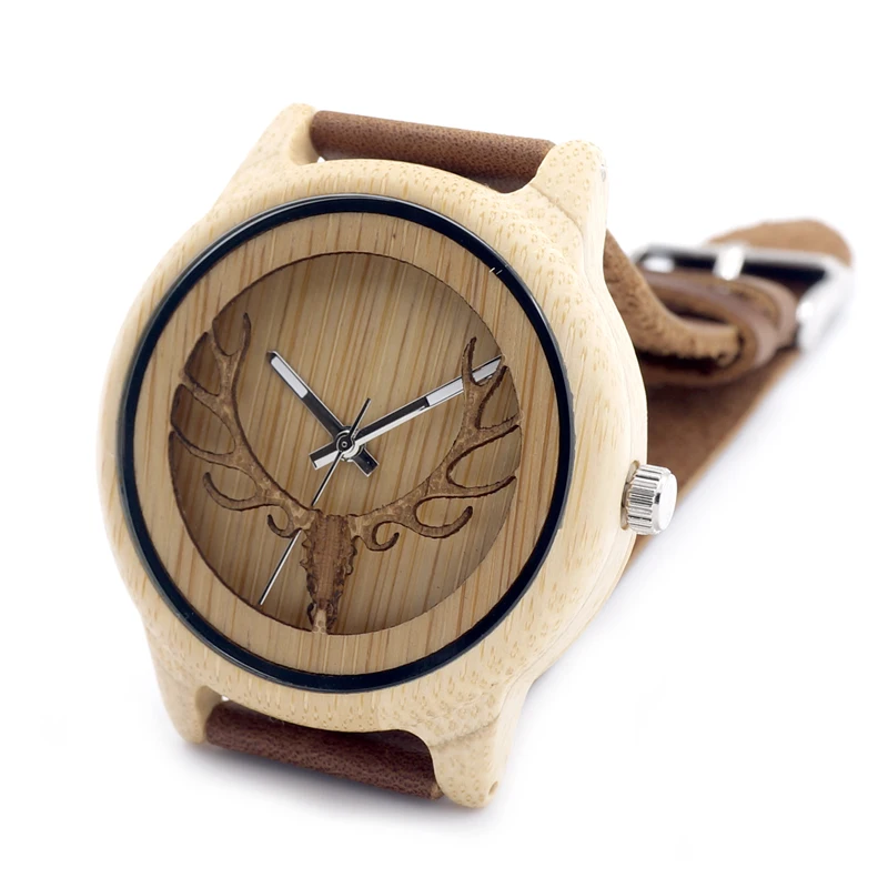 Deer Head Design Hollow Out Bamboo Wood Quartz Watch With Leather Strap Men Casual Watches