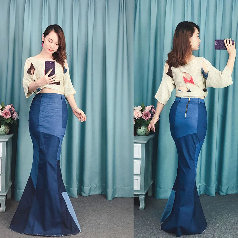 

New Patchwork Women Fish Tail Denim Skirts Girls Student High Waist Long Maxi Skirts Blue Floor-length Jeans Skirt