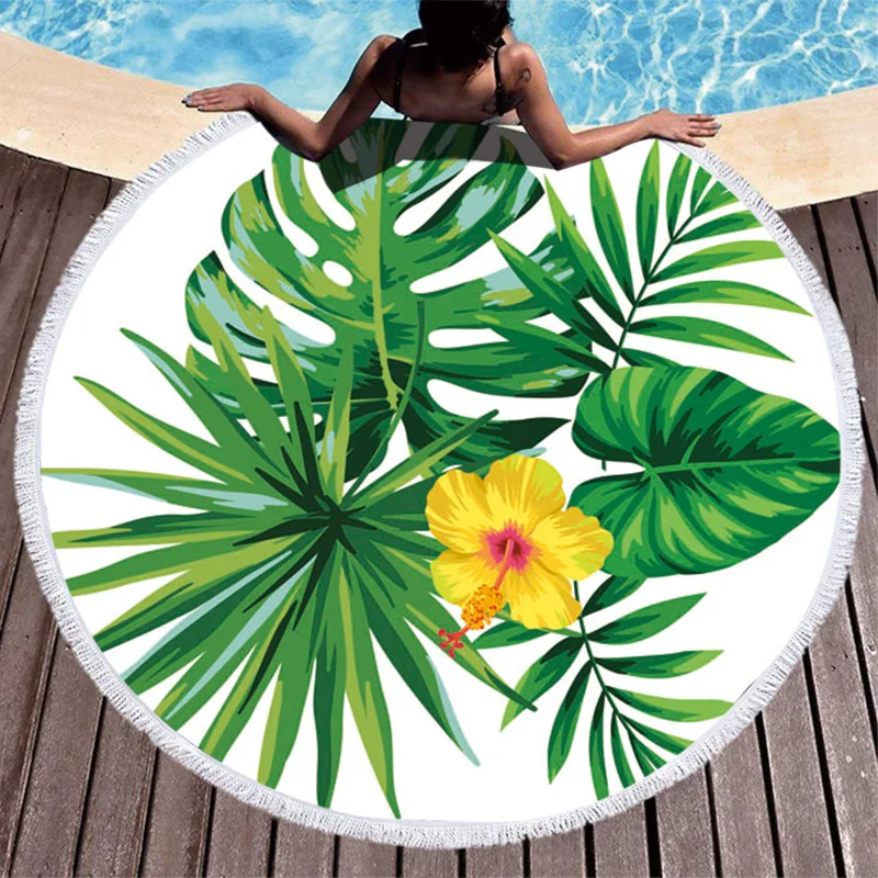 

Baby Beach Cushion Round Beach Towel Ultrafine Fiber Fabric Cartoon Printing Green Leaf Pattern Seaside Holiday Blankets