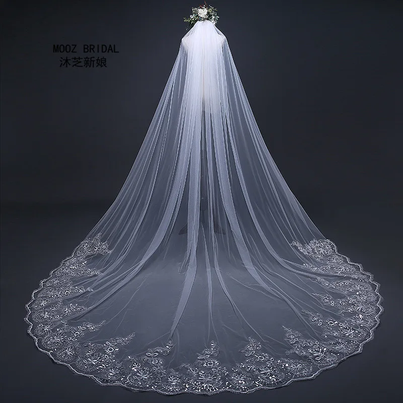 

3 Meter Cathedral Wedding Veils Long Lace Edge Bridal Veil with Metal Comb