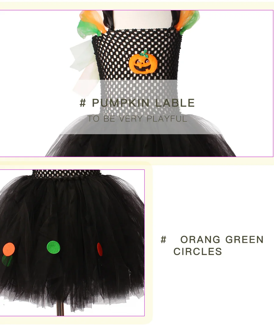 Pumpkin Pattern Girls Halloween Tutu Dress with Witch Hat Colorful Polka Dot Baby Girl Dress Kids Witch Costume Photo Party (4)