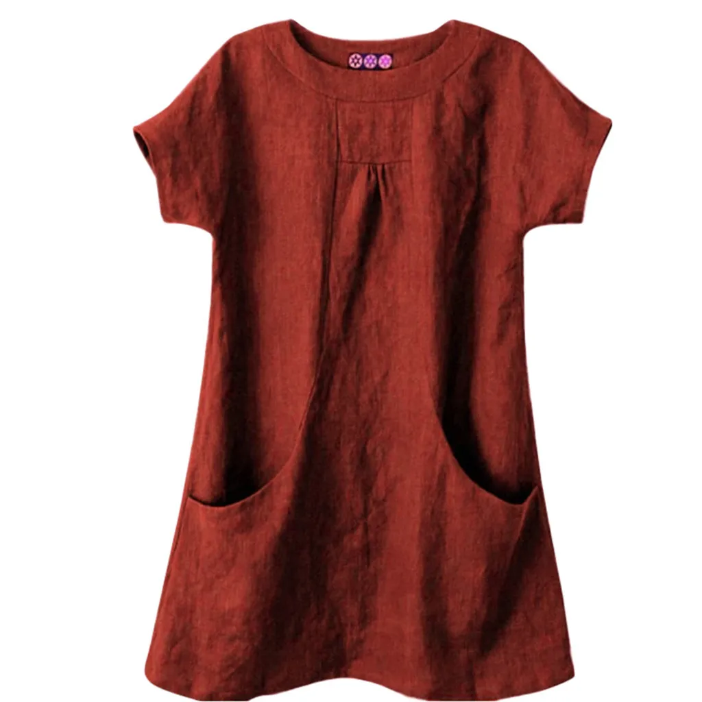 

2019 New Women T-shirts Casual Harajuku Solid Round Neck Short Sleeve Linen Loose Pocket T shirt For Women Clothing