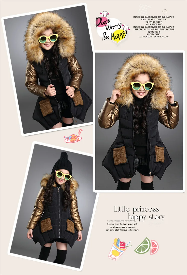 Модные зимние пальто для девочек, куртка принцессы на утином пуху с меховым воротником для девочек, одежда с хлопковой подкладкой, зимняя детская верхняя одежда, пальто