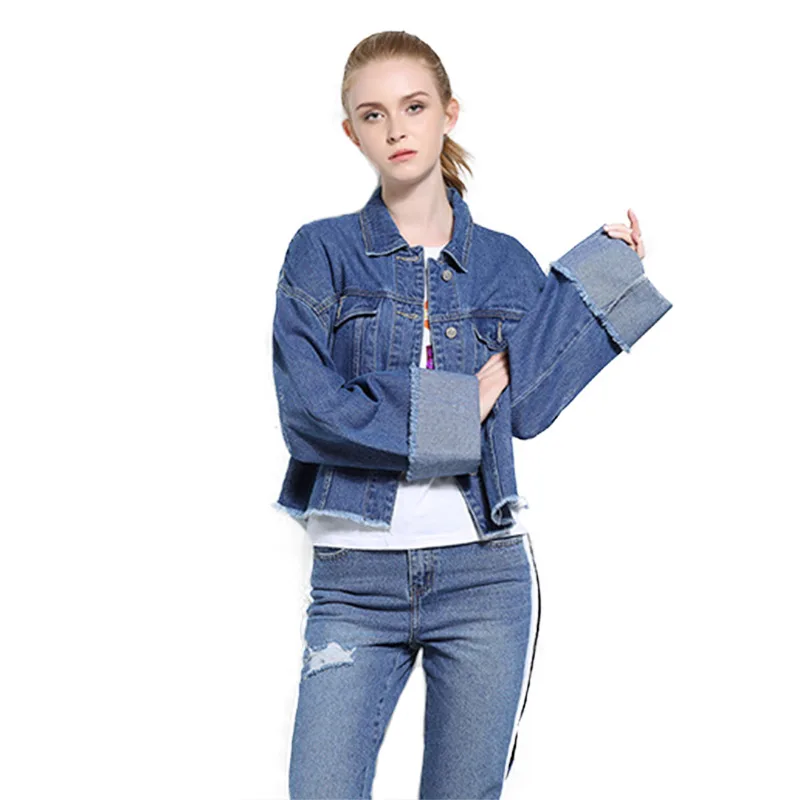 

Denim jacket Long Sleeve Blue Women Casual Denim Jackets Spring Fall Solid Short Jean Spring manteau femme