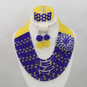 

Nigerian Wedding African Beads Jewelry Set Bridal Necklace Set Royal Blue/Yellow Crystal Beads Jewelry Set Free Shipping ANJ062