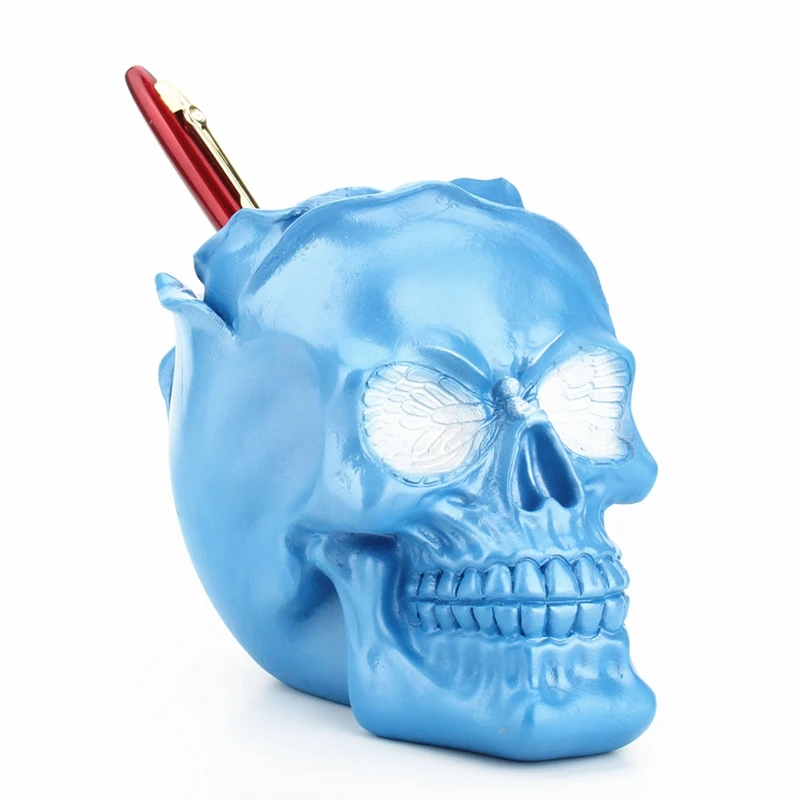 

Makeup Skull Resin Storage Box Tube Creative Blue Rose Canine Skull Figurine Skeleton Ornament Jewellery Container Pen Holder