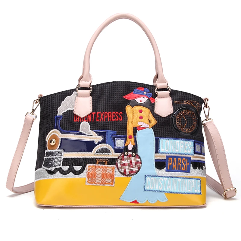 

SJ Women Canvas Shoulder Bags Female Messenger Bag Handbags Totes Braccialini Style Handicraft 3D Embroidery Puzzle Train Lady