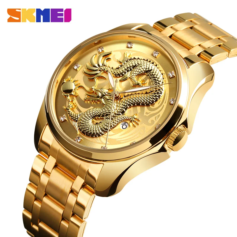 SKMEI Для мужчин s часы лучший бренд роскошный золотой кварцевые часы Для мужчин 3Bar Водонепроницаемый Дата Дисплей Нержавеющая сталь ремень Наручные часы 9193