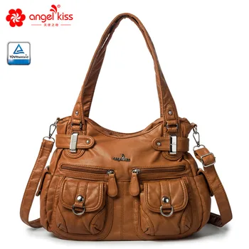 

Angel Kiss Brand Skin-friendly Top Handle Satchel Shoulder Bag Washed PU Leather Tote Handbag Women Wallet Purse
